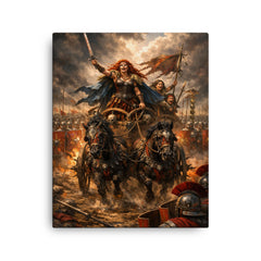 Boudica's war chariot before Roman lines canvas print on a plain backdrop in size 16"x20".