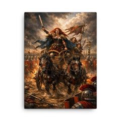 Boudica's war chariot before Roman lines canvas print on a plain backdrop in size 18"x24".
