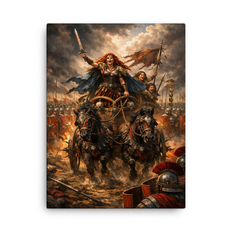 Boudica's war chariot before Roman lines canvas print on a plain backdrop in size 18