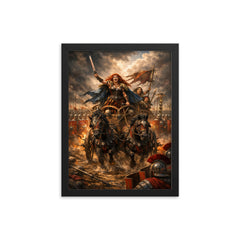 Boudica's war chariot before Roman lines framed print on a plain backdrop in size 12"x16".