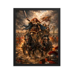 Boudica's war chariot before Roman lines framed print on a plain backdrop in size 16"x20".