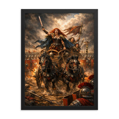 Boudica's war chariot before Roman lines framed print on a plain backdrop in size 18"x24".