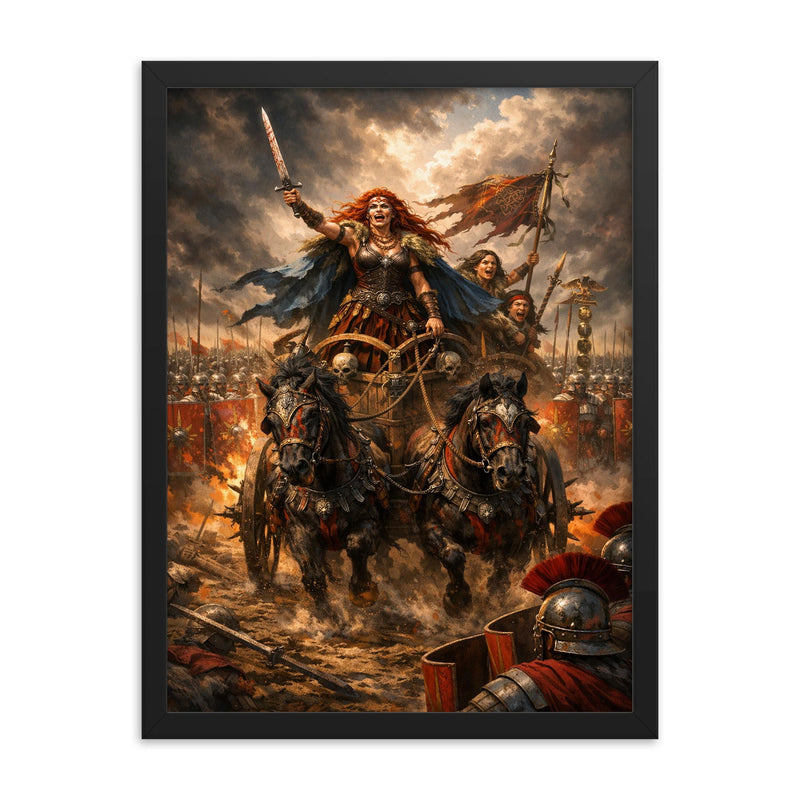 Boudica's war chariot before Roman lines framed print on a plain backdrop in size 18