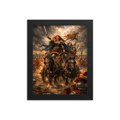 Boudica's war chariot before Roman lines framed print on a plain backdrop in size 8"x10".