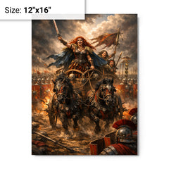 Boudica's war chariot before Roman lines metal print on a plain backdrop in size 12"x16".