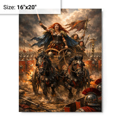 Boudica's war chariot before Roman lines metal print on a plain backdrop in size 16"x20".