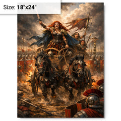 Boudica's war chariot before Roman lines metal print on a plain backdrop in size 18"x24".