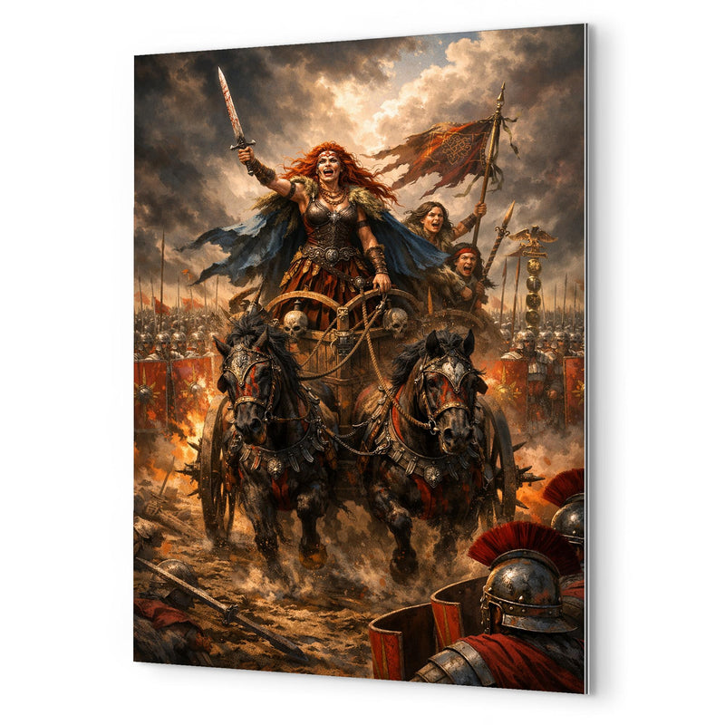 Boudica's war chariot before Roman lines metal print mockup