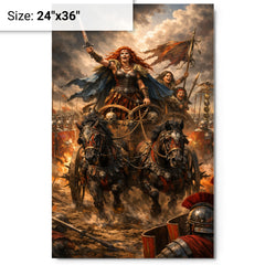 Boudica's war chariot before Roman lines metal print on a plain backdrop in size 24"x36".