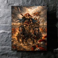Boudica's war chariot before Roman lines metal print mockup