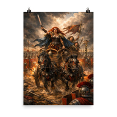 Boudica's war chariot before Roman lines poster on a plain backdrop in size 8"x10".