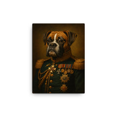 Boxer dog general with medals and monocle canvas print on a plain backdrop in size 12"x16".