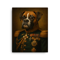 Boxer dog general with medals and monocle canvas print on a plain backdrop in size 16"x20".