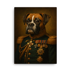 Boxer dog general with medals and monocle canvas print on a plain backdrop in size 18"x24".