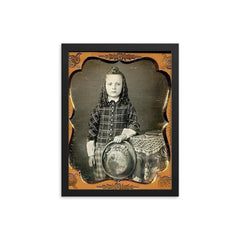 Boy with Curls and Hat, 1850s framed print on a plain backdrop in size 12"x16".