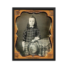 Boy with Curls and Hat, 1850s framed print on a plain backdrop in size 16"x20".