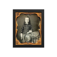 Boy with Curls and Hat, 1850s framed print on a plain backdrop in size 8"x10".