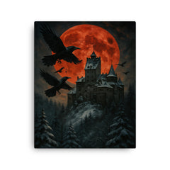 Bran Castle winter ravens and blood moon canvas print on a plain backdrop in size 16"x20".
