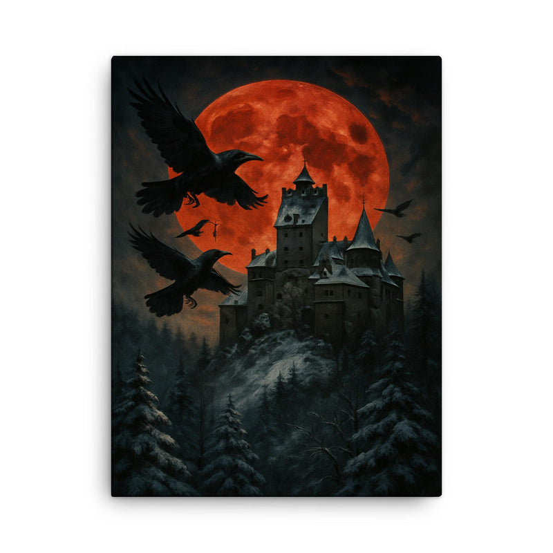 Bran Castle winter ravens and blood moon canvas print on a plain backdrop in size 18