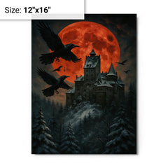 Bran Castle winter ravens and blood moon metal print on a plain backdrop in size 12"x16".