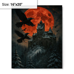 Bran Castle winter ravens and blood moon metal print on a plain backdrop in size 16"x20".