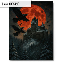 Bran Castle winter ravens and blood moon metal print on a plain backdrop in size 18"x24".