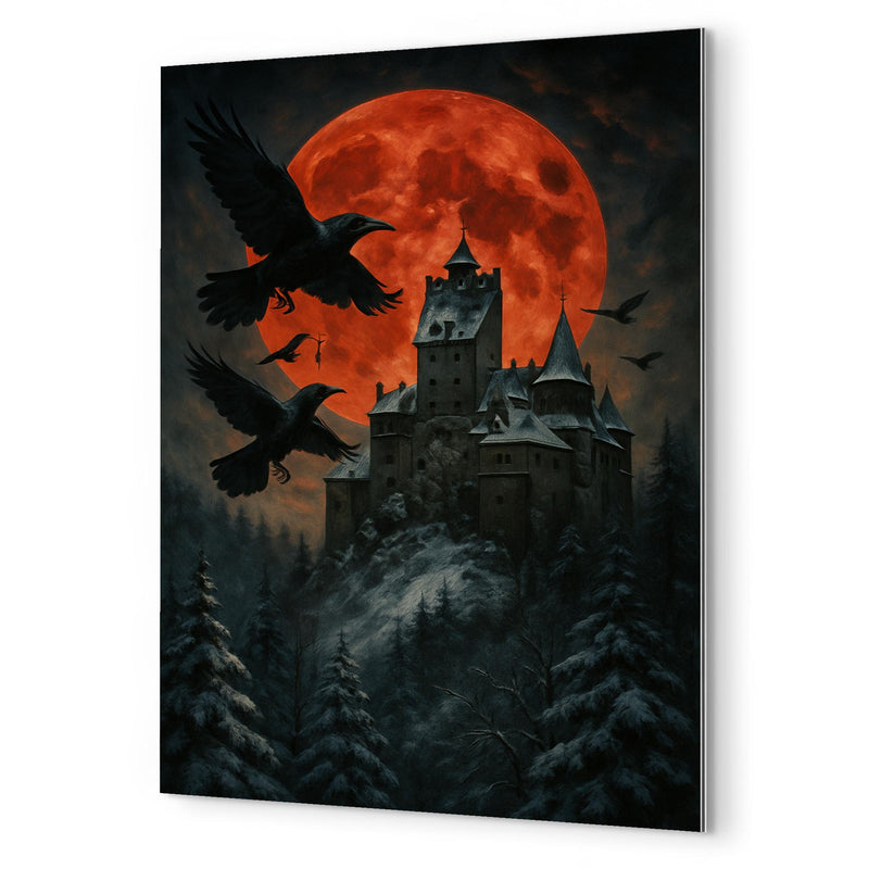 Bran Castle winter ravens and blood moon metal print mockup