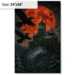 Bran Castle winter ravens and blood moon metal print on a plain backdrop in size 24"x36".