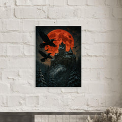 Bran Castle winter ravens and blood moon metal print mockup