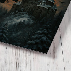 Bran Castle winter ravens and blood moon metal print mockup
