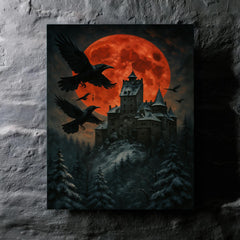 Bran Castle winter ravens and blood moon metal print mockup