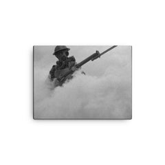 British Infantryman Advancing Through a Smokescreen During Training, 1941 canvas print on a plain backdrop in size 12"x16".