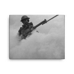 British Infantryman Advancing Through a Smokescreen During Training, 1941 canvas print on a plain backdrop in size 16"x20".