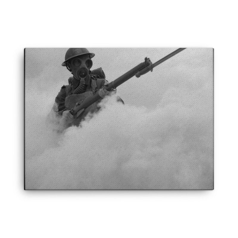 British Infantryman Advancing Through a Smokescreen During Training, 1941 canvas print on a plain backdrop in size 18