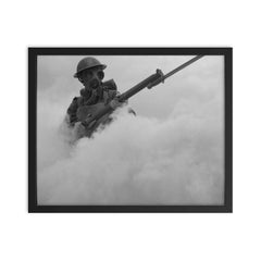 British Infantryman Advancing Through a Smokescreen During Training, 1941 framed print on a plain backdrop in size 16"x20".