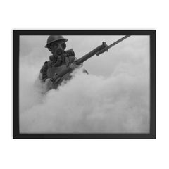 British Infantryman Advancing Through a Smokescreen During Training, 1941 framed print on a plain backdrop in size 18"x24".