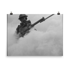 British Infantryman Advancing Through a Smokescreen During Training, 1941 poster on a plain backdrop in size 8"x10".