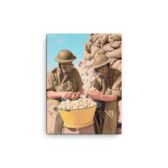 British Soldiers Wearing Gas Masks Peeling Onions at Tobruk, 1941 canvas print on a plain backdrop in size 12"x16".