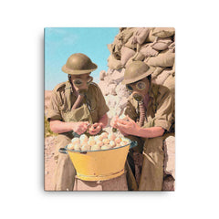 British Soldiers Wearing Gas Masks Peeling Onions at Tobruk, 1941 canvas print on a plain backdrop in size 16"x20".