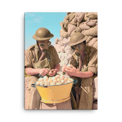British Soldiers Wearing Gas Masks Peeling Onions at Tobruk, 1941 canvas print on a plain backdrop in size 18"x24".