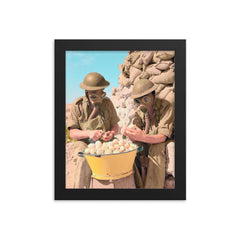 British Soldiers Wearing Gas Masks Peeling Onions at Tobruk, 1941 framed print on a plain backdrop in size 8"x10".