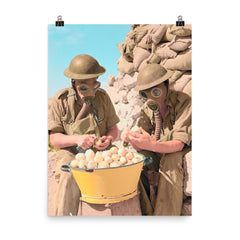 British Soldiers Wearing Gas Masks Peeling Onions at Tobruk, 1941 poster on a plain backdrop in size 8"x10".