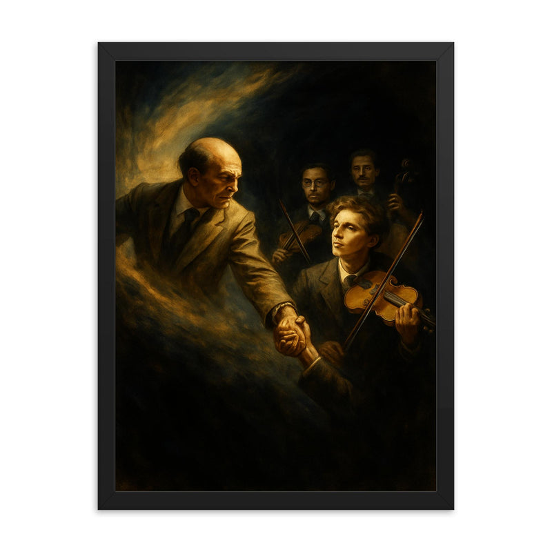 Bronislaw Huberman rescuing musicians from darkness framed print on a plain backdrop in size 18