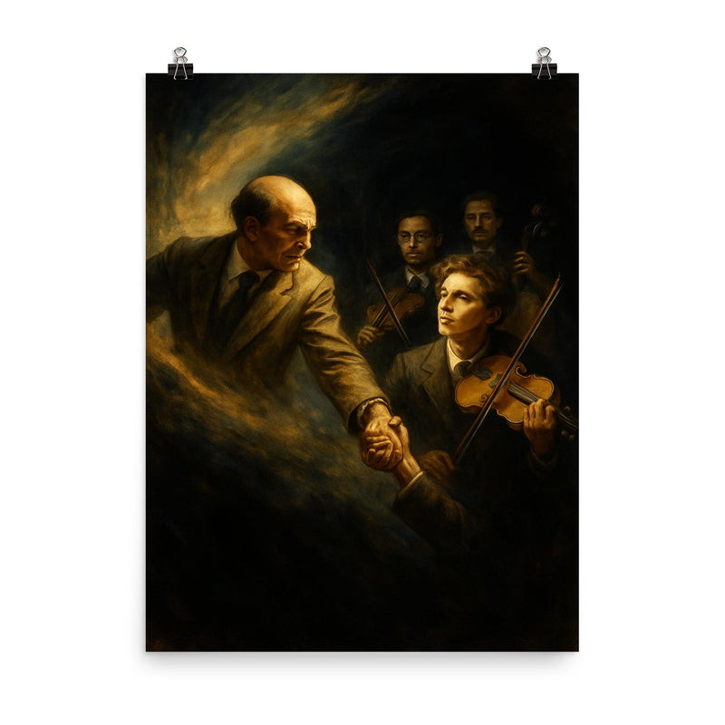 Bronislaw Huberman rescuing musicians from darkness poster on a plain backdrop in size 8