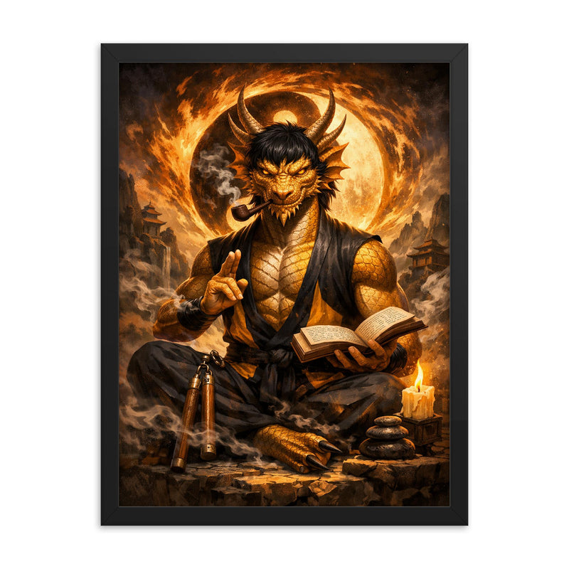 Bruce Lee inspired public domain dragon philosopher framed print on a plain backdrop in size 18
