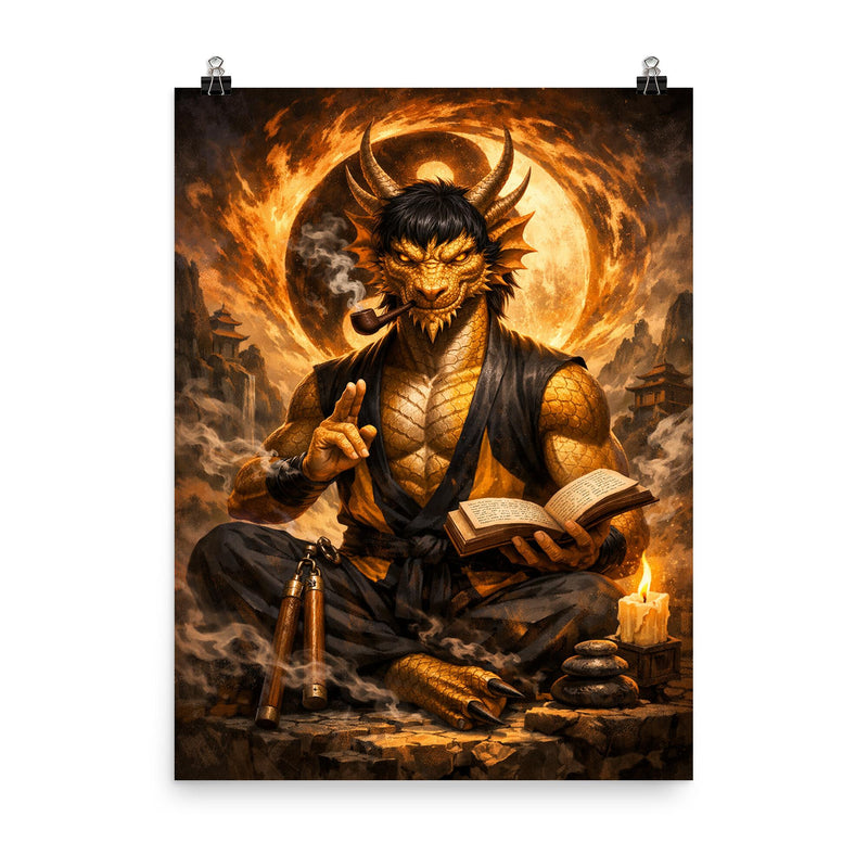 Bruce Lee inspired public domain dragon philosopher poster on a plain backdrop in size 8