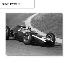 Bruce McLaren at 1962 Dutch Grand Prix metal print on a plain backdrop in size 12"x16".