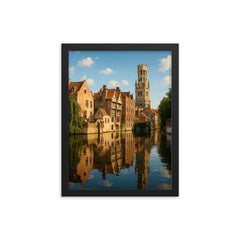 Bruges Canals Belgium framed print on a plain backdrop in size 12"x16".