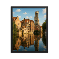 Bruges Canals Belgium framed print on a plain backdrop in size 16"x20".