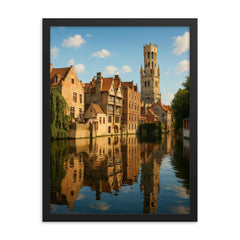 Bruges Canals Belgium framed print on a plain backdrop in size 18"x24".